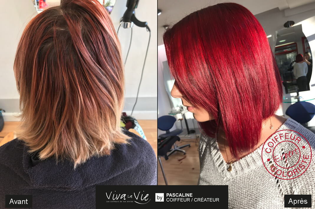 Coiffure et coupe de transformation avant/apres coloration cheveux tendance flashy rouges
