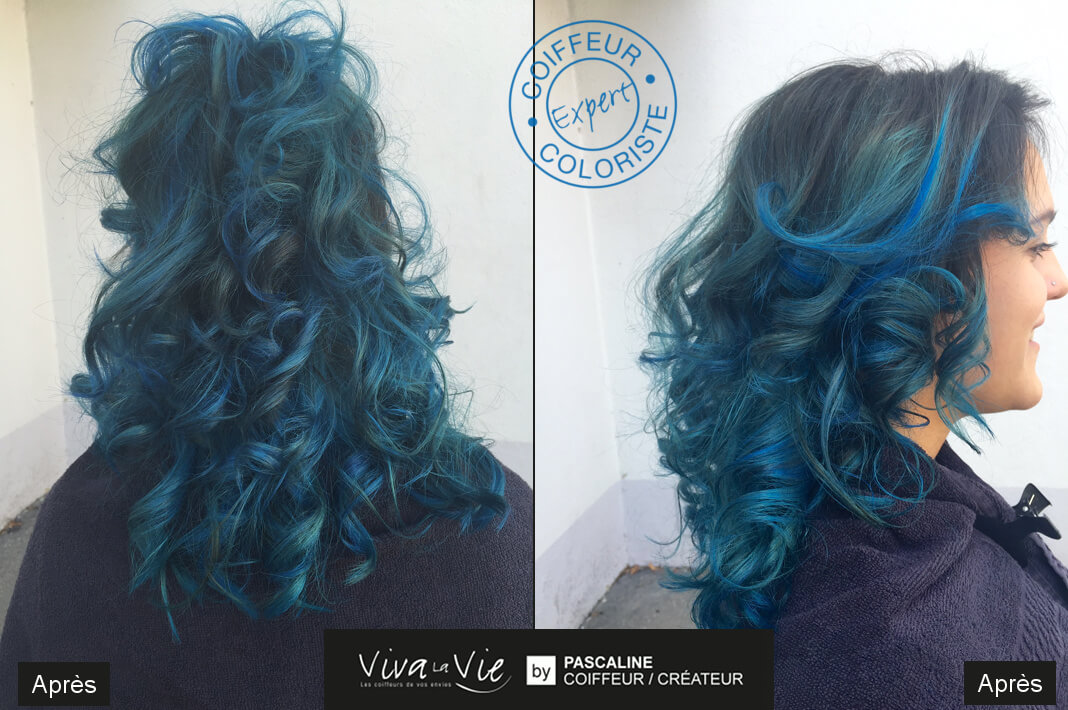 Coiffure et coupe de transformation avant/apres coloration cheveux tendance flashy meches bleus